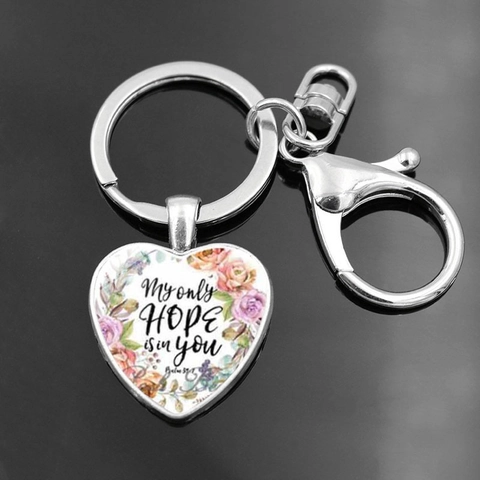 Herz Schlüsselanhänger Aus Metall Mit Inspirierendem Bibelvers Glas Zeit-Edelstein Blumenmuster Silber Legierung Für Damen Geschenk