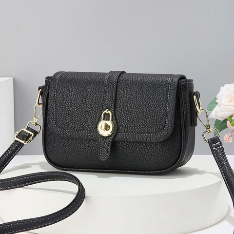 Chic Women Crossbody Shoulder Bag PU Leather Litchi Grain Golden Lock Buckle Contrast Stitching Trendy Square Handbag