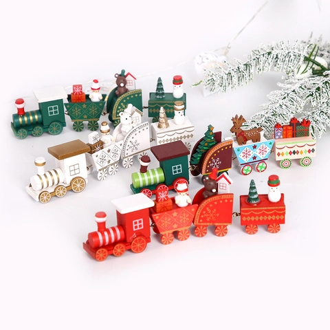 Christmas Wooden Train Ornament Mini Connected Wood Train Decoration With Snowflake Pattern Reindeer Snowman For Tabletop Holiday Decor Gift