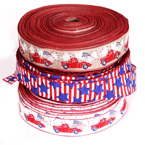 American Flag Burlap Ribbon For Independence Day Decoration Wired Edge Patriotic Ribbon With Red Truck Stars Stripes For DIY Crafts Wreaths Party Decor