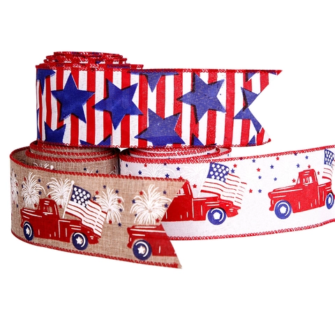 Patriotisches Juteband Mit Drahtkante US-Flagge Sterne Und Streifen Roter Truck Unabhängigkeitstag Party Dekoband