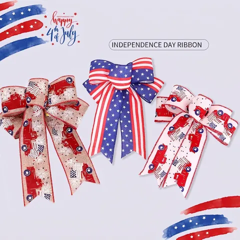Patriotic USA Independence Day Ribbon Bow Star Striped Red White Blue Truck Burlap Hanging Ornament For July Party Decor