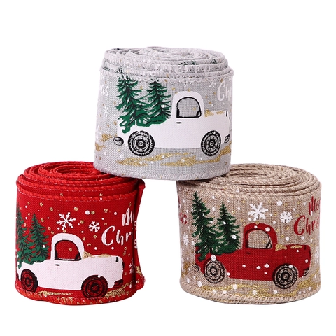 Christmas Ribbon Wired Edge Faux Burlap Vintage Truck Print Decorative For Holiday Tree Gift Wrapping DIY Craft Decor