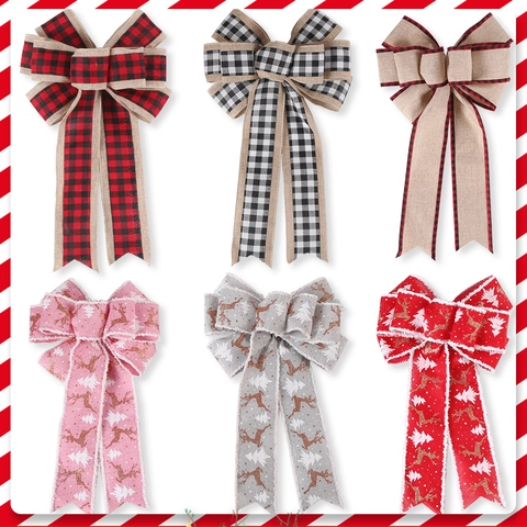 Christmas Burlap Bow Pendant Plaid Ribbon Bow Ornament Reindeer Pine Tree Print Decorative Bow For Tree Party Home Decor