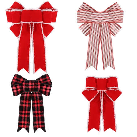 Festliche Weihnachtsschleifen Roter Samt Weißer Pelzbesatz Karo Streifen Aufhänger Für Weihnachtsbaum Kranz Feiertag Party Dekoration