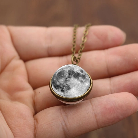 Collana Con Ciondolo Luna Vintage Sfera di Vetro a Doppia Faccia Lega di Zinco Retro Gioielli Stile Spazio Regalo Uomo Donna