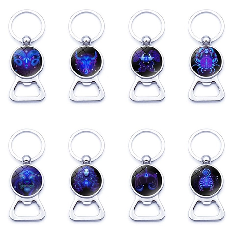 Portachiavi Apribottiglie Zodiaco Dodici Costellazioni Neon Metallo Cabochon in Vetro Regalo Astrologico per Uomo Donna