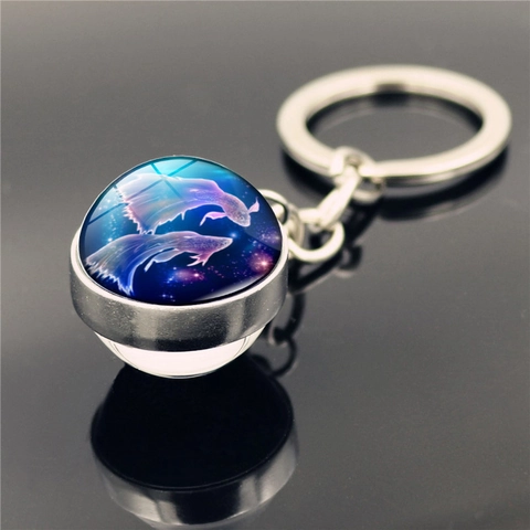 12 Zodiac Sign Starry Sky Nebula Glass Ball Keychain Vintage Zinc Alloy Time Gem Key Ring Birthday Jewelry Gift For Women Men