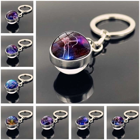 12 Zodiac Sign Starry Sky Nebula Glass Ball Keychain Vintage Zinc Alloy Time Gem Key Ring Birthday Jewelry Gift For Women Men