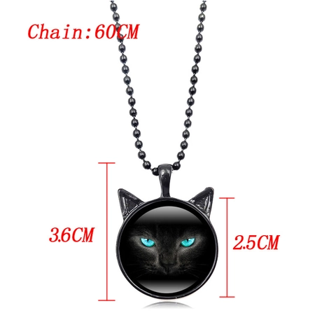 Vintage Black Cat Art Glass Gem Pendant Necklace Alloy Cat Ear Sweater Chain Jewelry For Women Men Daily Wear Gift
