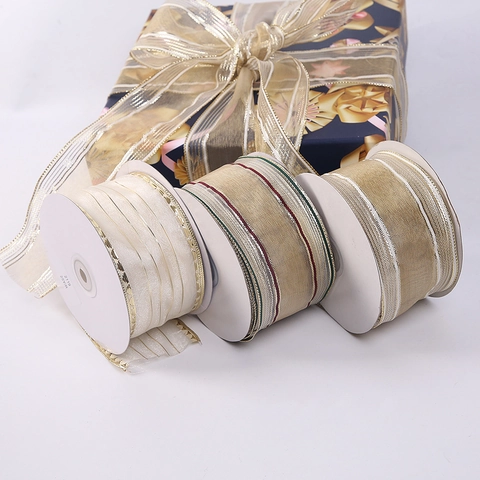 Weihnachten Drahtkante Band Polyester Metallstreifen Für Holiday Tree Dekor Geschenkverpackung DIY Handwerk Party Zubehör