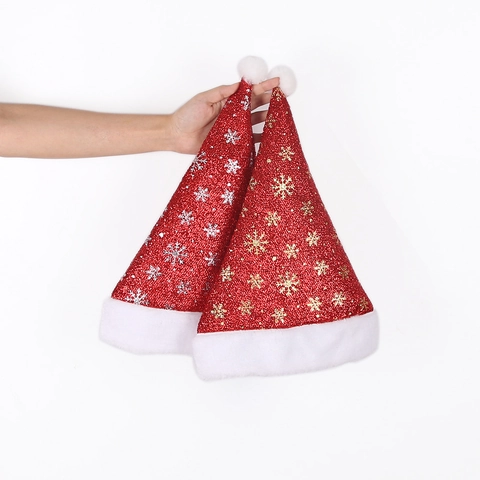 Cappello di Babbo Natale Rosso con Paillettes e Finta Pelliccia Stampa Fiocco di Neve Oro Argento Decorazione per Feste per Adulti Bambini Copricapo Festivo