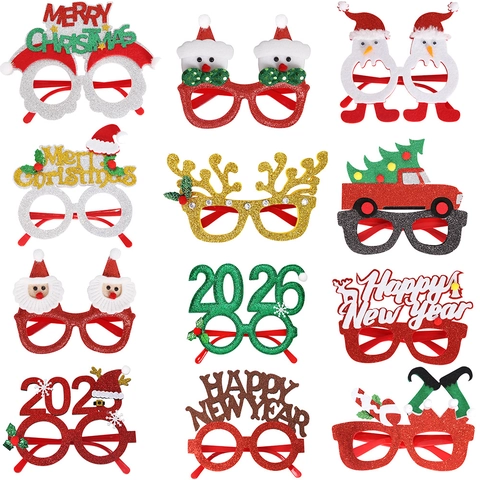 Occhiali Natalizi con Corna di Renna in Plastica Glitterata Happy New Year Decorazione Festa per Bambini Adulti Oggetti di Scena