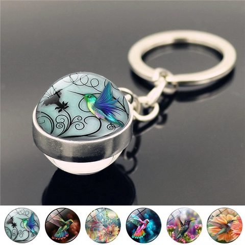 Vintage Double Sided Glass Ball Hummingbird Keychain Zinc Alloy Flower Art Illustration Pendant Keyring For Women Men Gift