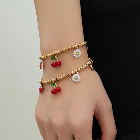 Roestvrijstalen Kralenarmband Voor Dames Met Emaille Kers Madeliefje Lieveheersbeestje Hart Bedeltjes