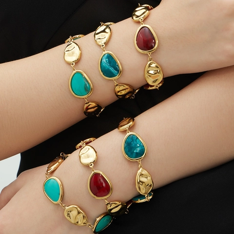 Bracciale In Resina Goccia D'acqua Acciaio Inossidabile Placcato Oro 18K Maglie Geometriche Irregolari Donna Gioielli
