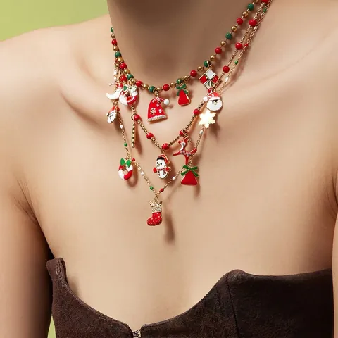 Collana Con Ciondolo Babbo Natale Pupazzo Di Neve Natale Acciaio Inossidabile Smalto Zircone Multistrato Gioielli Festivi Donna