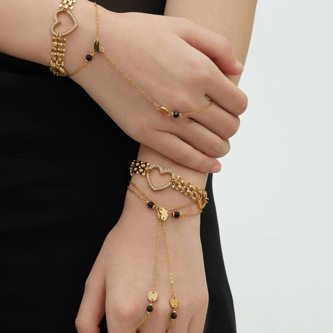 Heart Stainless Steel Bracelet And Hand Chain With Zircon Natural Stone 18K Gold Plated Elegant Jewelry For Women