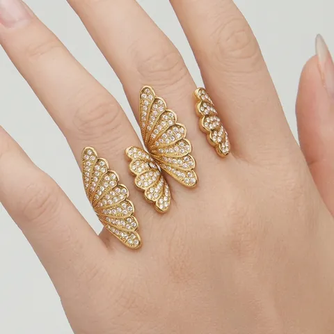 Stainless Steel Adjustable Ring 18K Gold Plated 5A Zircon Fan Shape Butterfly Wing Micro Pave Jewelry For Women