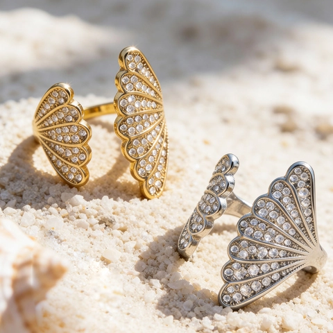 Stainless Steel Adjustable Ring 18K Gold Plated 5A Zircon Fan Shape Butterfly Wing Micro Pave Jewelry For Women