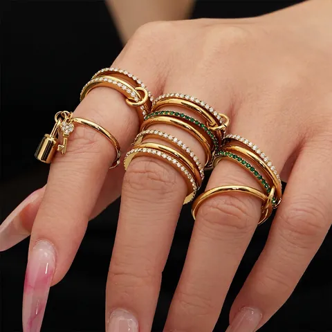 Edelstahl Ringe Zirkonia Ineinandergreifend Mehrlagig Stapelbar Schloss Und Schlüssel Anhänger Verstellbar Mode Schmuck Damen