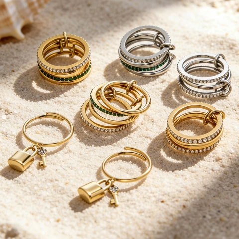 Edelstahl Ringe Zirkonia Ineinandergreifend Mehrlagig Stapelbar Schloss Und Schlüssel Anhänger Verstellbar Mode Schmuck Damen