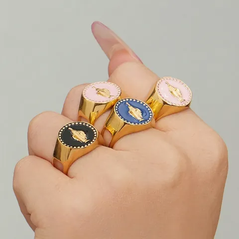 Siegelring Edelstahl 18K Vergoldet Emaille Jungfrau Maria Relief Hohl Vintage Mode Schmuck Für Damen