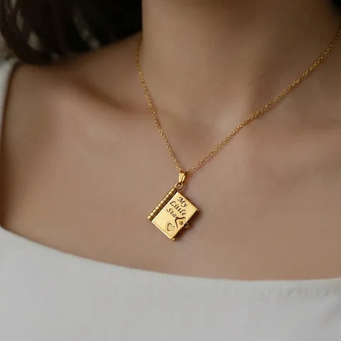 Book Locket Necklace Stainless Steel Openable Multi Page Engraved Sentiment Pendant Jewelry Gift For Women Daughter Mom