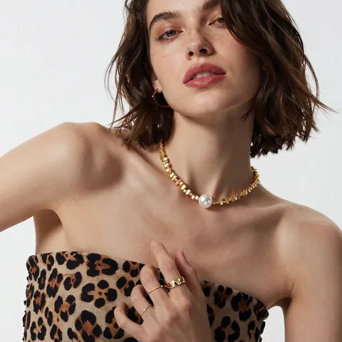 Collana di Perline Pepita in Acciaio Inossidabile Con Grande Perla Artificial d'Imitazione Minimalista Catena da Clavicola per Donna