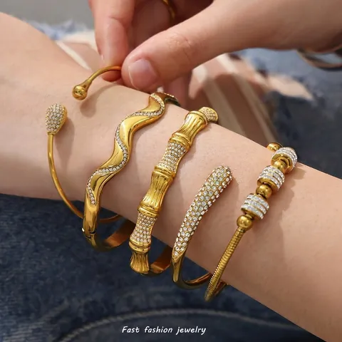Stainless Steel Geometric Zircon Open Cuff Bracelet Elegant Wave Bamboo Design Fashion Jewelry For Women