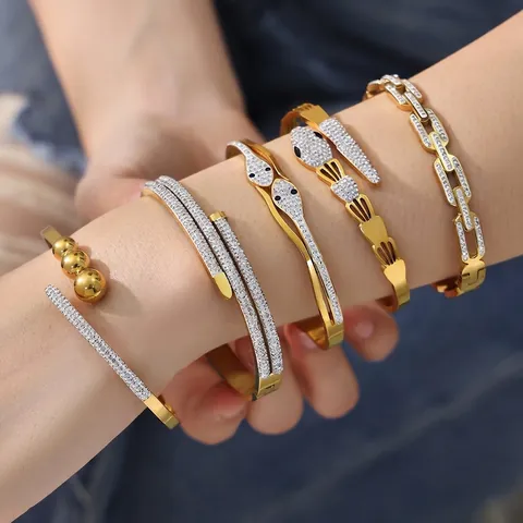 Snake Geometric Bangle Bracelet Stainless Steel Zircon Inlaid Jewelry Women Luxury Elegant Fashion Gold Plated