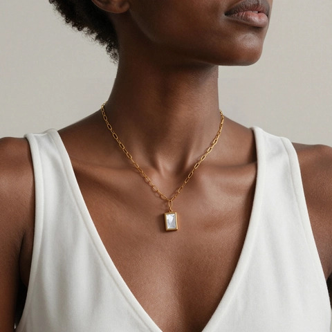 Collar de Pendiente Rectangular de Nácar de Acero Inoxidable Minimalista Francés para Mujer Cadena de Clip Oro Plata