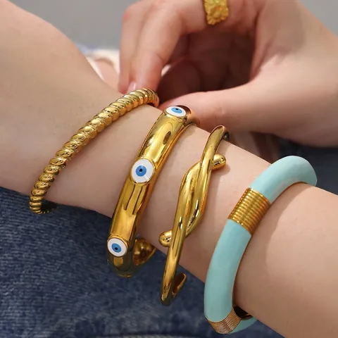 Bracciale Rigido Acciaio Inossidabile Smalto Malocchio Bambù Intrecciato Geometrico Gioielli Moda Donna Regolabile