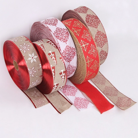 Weihnachten Drahtband Leinenimitat Schneeflocken Bäume Druck Glitzer Deko Geschenkverpackung DIY Basteln