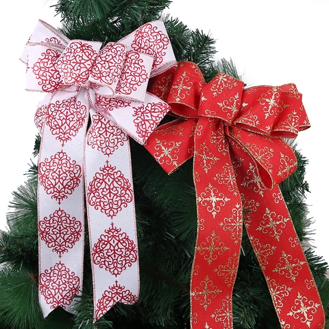 Large Christmas Tree Bow Decoration Glitter Edge Cotton Burlap Texture Bowknot Ornament For Holiday Party Tree Top Garland DIY