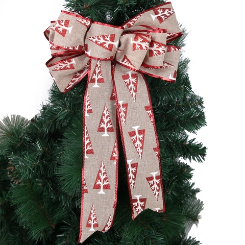 Large Christmas Tree Bow Decoration Glitter Edge Cotton Burlap Texture Bowknot Ornament For Holiday Party Tree Top Garland DIY