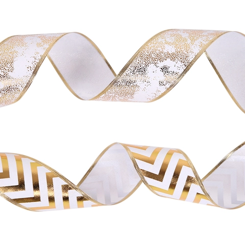 Nastro di Natale con Bordi Metallici Stampa Renna e Foglia d'acero Oro Nastro Decorativo in Poliestere Bianco per Regali