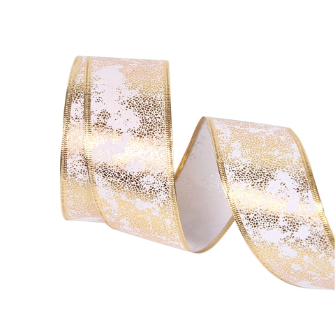 Nastro di Natale con Bordi Metallici Stampa Renna e Foglia d'acero Oro Nastro Decorativo in Poliestere Bianco per Regali