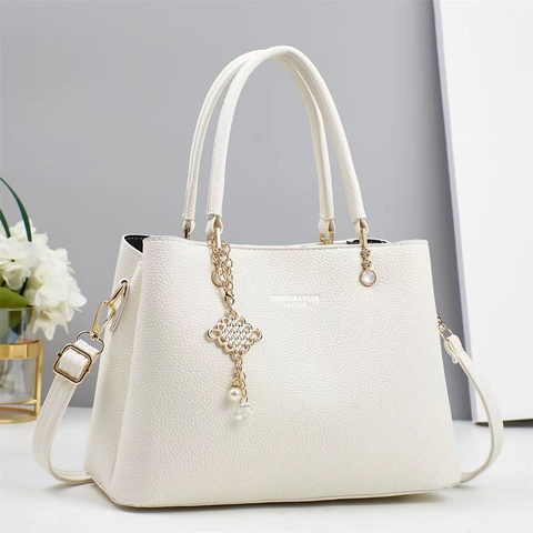 Sac À Bandoulière Femme Texture Lychee Cuir PU Fourre-Tout Grande Capacité Avec Breloque Künstliche Perle Polyvalent Poignée Crossbody