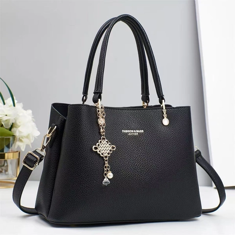 Sac À Bandoulière Femme Texture Lychee Cuir PU Fourre-Tout Grande Capacité Avec Breloque Künstliche Perle Polyvalent Poignée Crossbody