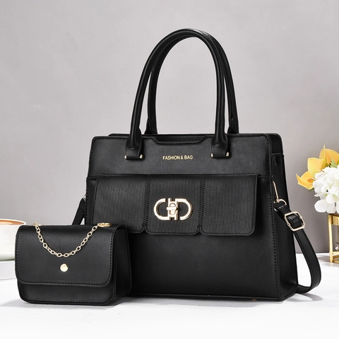 Women PU Leather Tote Bag And Chain Pouch Color Block Large Capacity Multi Layer Shoulder Crossbody Urban Simple Versatile