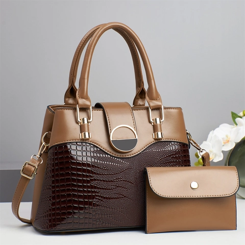 Women Spliced Handbag Large Capacity Shoulder Bag With Small Pouch PU Leather Lizard Crocodile Embossed Tote Crossbody Bag Mother-Child Set