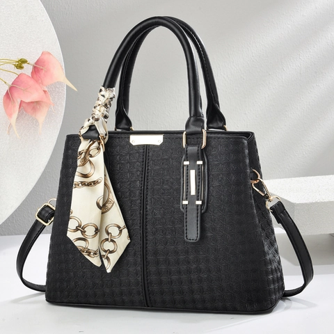 Borsa Tote da Donna in Pelle PU Goffrata a Quadri Con Sciarpa di Seta Grande Capacità Borsa a Tracolla Ferramenta Dorata per Uso Quotidiano