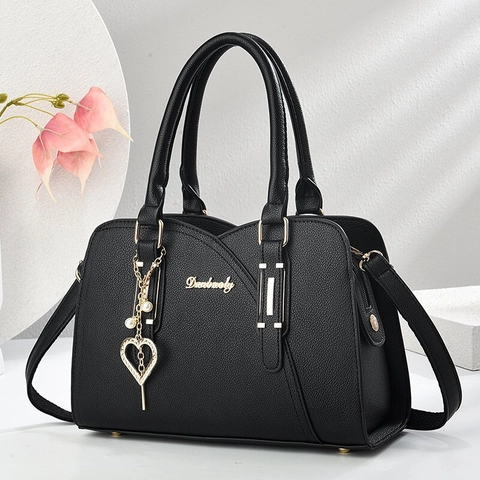 Bolso de Hombro para Mujer de Cuero PU con Textura de Lichi Bolso Tote de Gran Capacidad con Colgante de Perla Artificial de Corazón