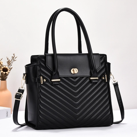 Women Shoulder Bag PU Leather Chevron Quilted Handbag Gold Twist Lock Top Handle Crossbody Versatile Elegant