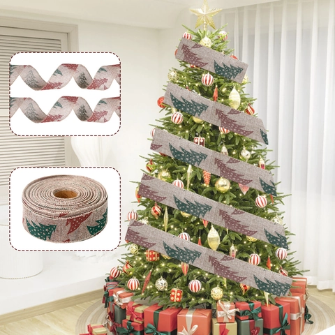 Kerst Jute Lint Met Rood Groene Bedrukte Kerstboom Patronen Voor Cadeauverpakking Kerstboom Decoratie Huis Feest