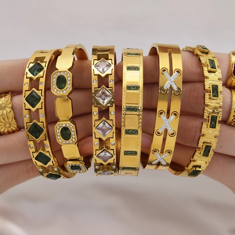 Luxury Stainless Steel Gold Plated Emerald Green Zirconia Bracelet Retro Geometric Glass Zircon Bangle For Women Jewelry