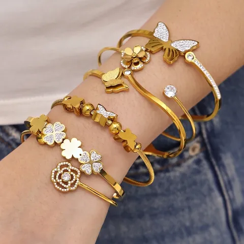 Bracciale In Acciaio Inossidabile Farfalla Fiore Placcato Oro 18K Zircone Incastonato Bracciale Aperto Elegante Per Donne