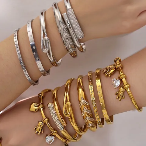 Edelstahl Armreif Armband 18K Vergoldet 5A Zirkonia Herz Bär Elefant Anhänger Pavé Modeschmuck Für Damen