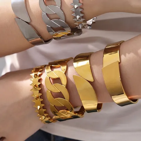Exaggerated Wide Cuff Bangle Stainless Steel 18K Gold Plated Punk Spiky Rivet Cuban Chain Style Ins Fashion Jewelry